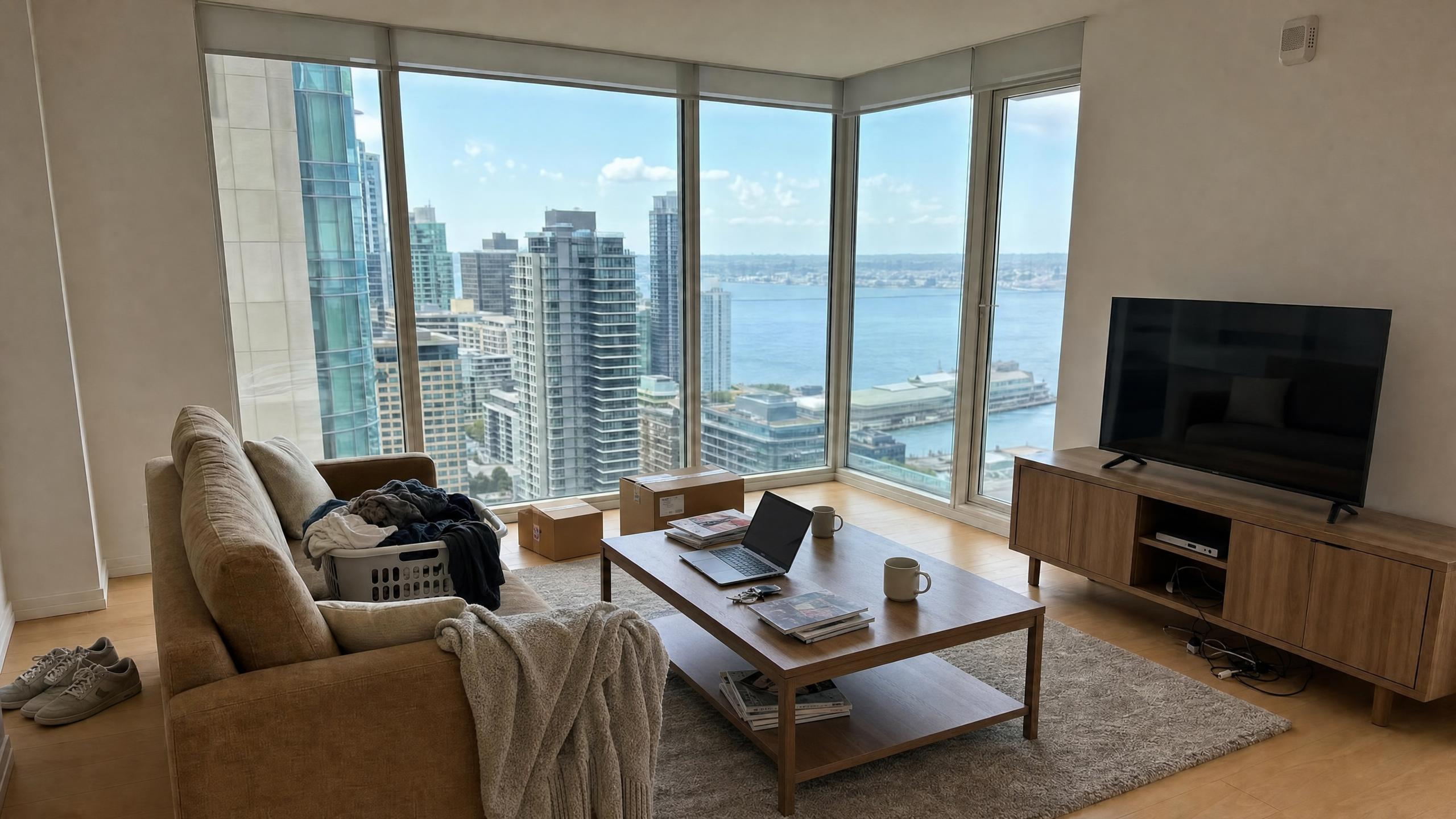 Cluttered high-rise apartment living room — original photo