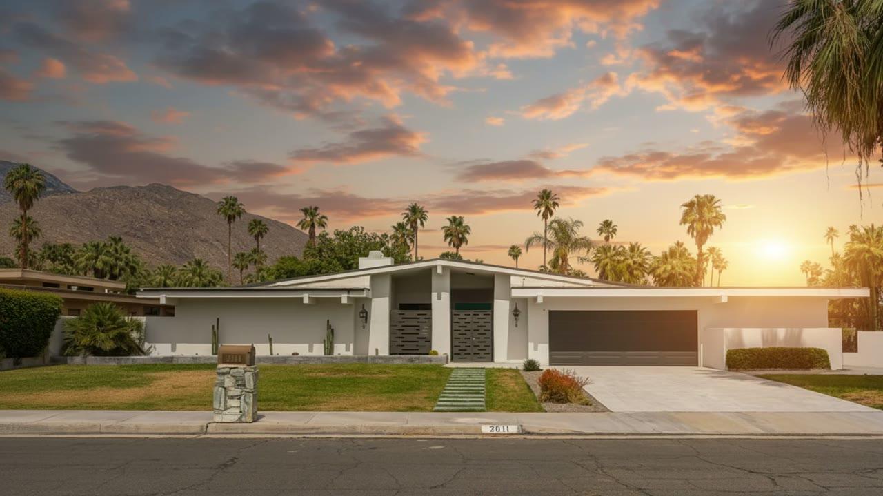 Same exterior relit to a warm golden-hour sky